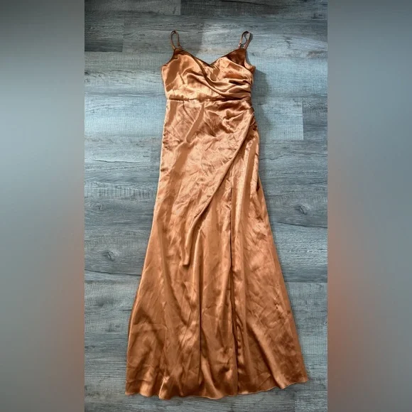 Birdy Grey Catherine Dress Rust Small Satin Maxi Bridesmaid Bridal Metallic Gold - Picture 2 of 4